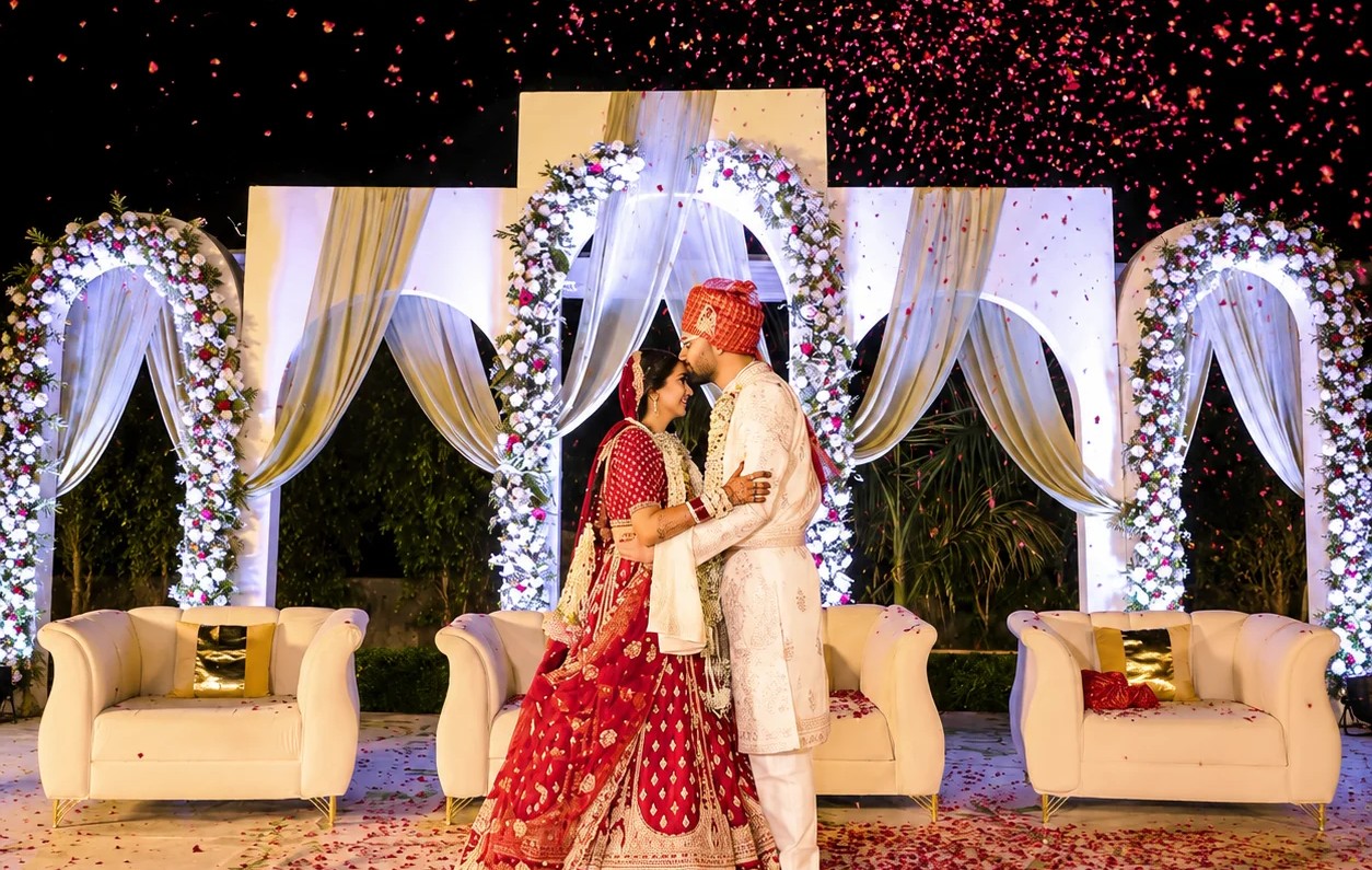 Decorated outdoor wedding venue on the lawn at Evara Spa & Resort