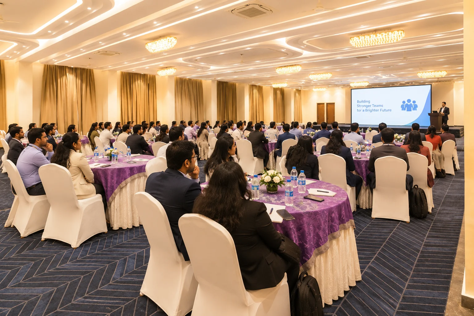 The pillarless hall at Evara set for a corporate dinner