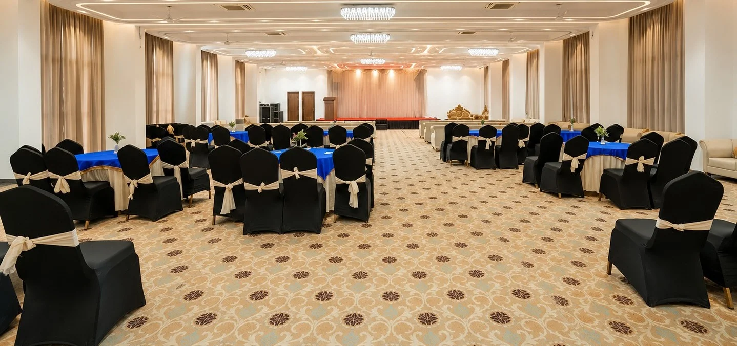 Conference setup in the banquet hall at Evara Spa & Resort